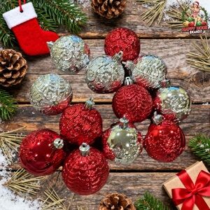 12 Count Red & Silver Round Christmas Balls Ornaments Pre Owned